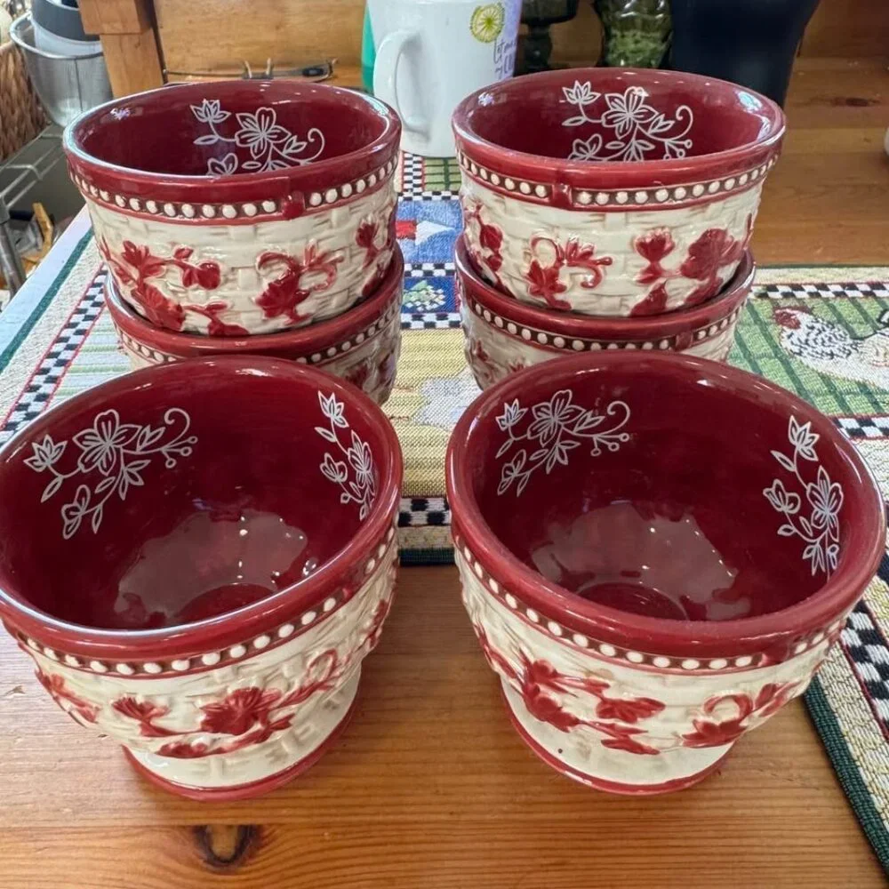 Temptations Red Floral Lace Basketweave Old World Design Stoneware 6pcs